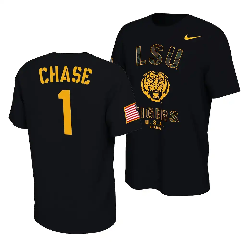 Men's LSU Tigers Ja'Marr Chase #1 2021 America Flag Veterans Day Black NCAA Football T-Shirt